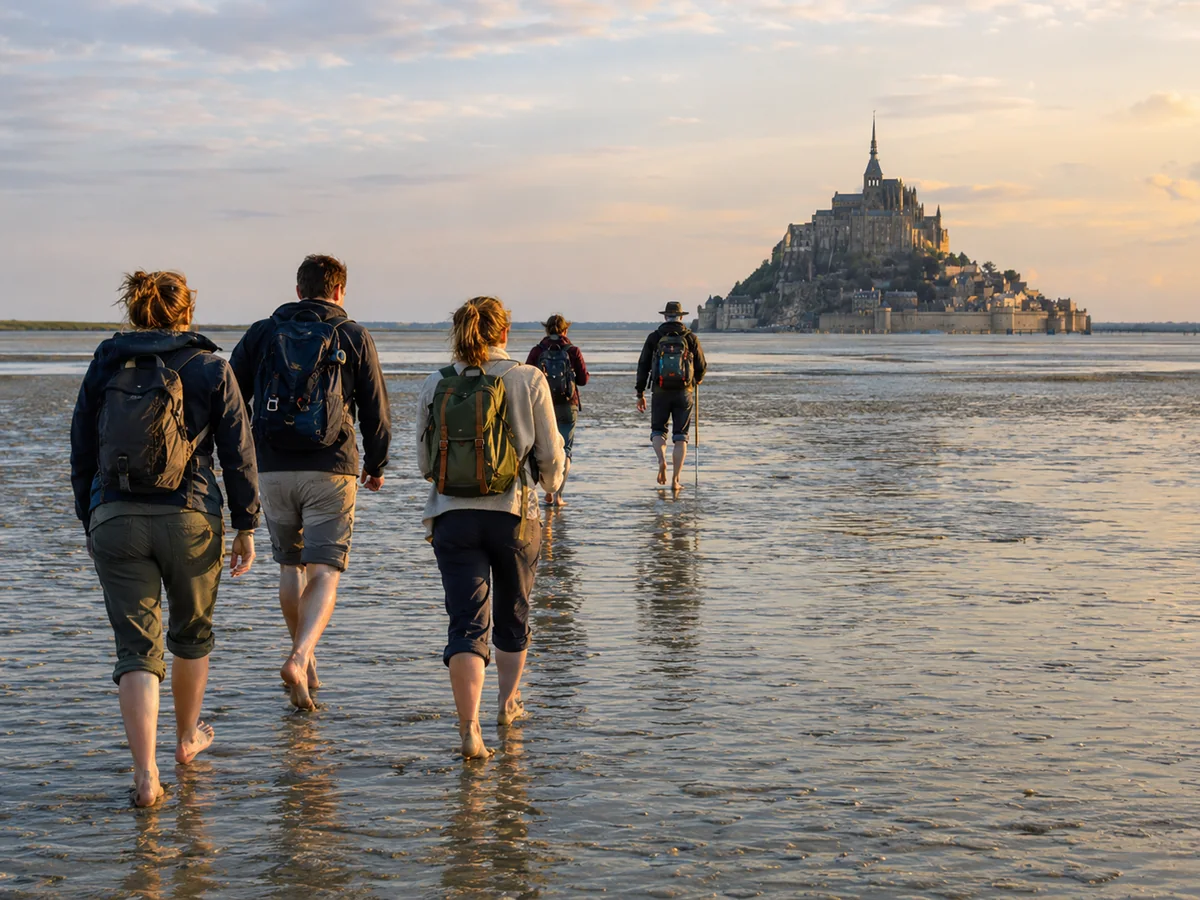 Eine Kleingruppe geht barfuß über die nassen Sandflächen auf den Mont-Saint-Michel zu