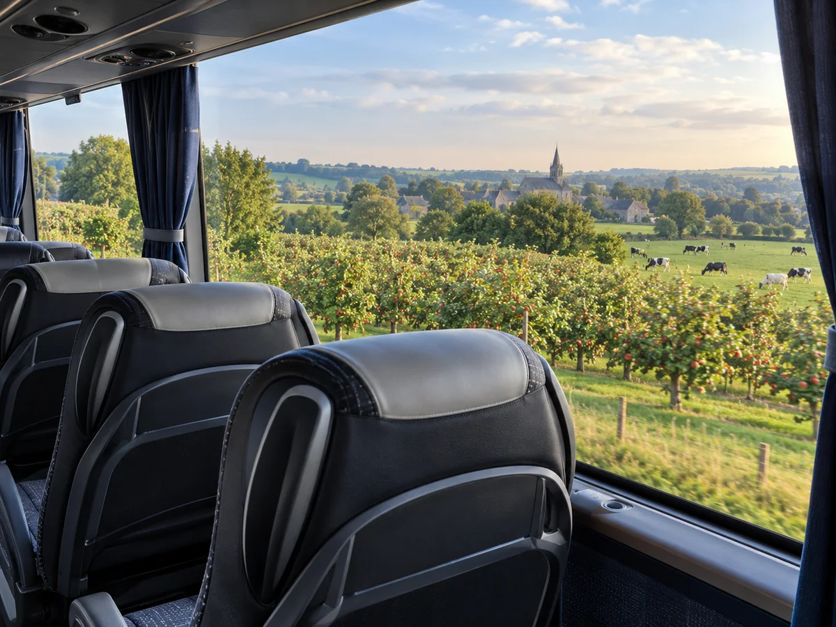 Blick aus einem Reisebusfenster auf die grüne Landschaft der Normandie